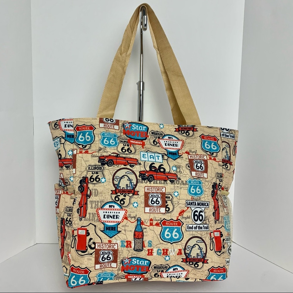 Large Lightweight Multipurpose Tote Route 66 Print Beach Travel Bag NWT